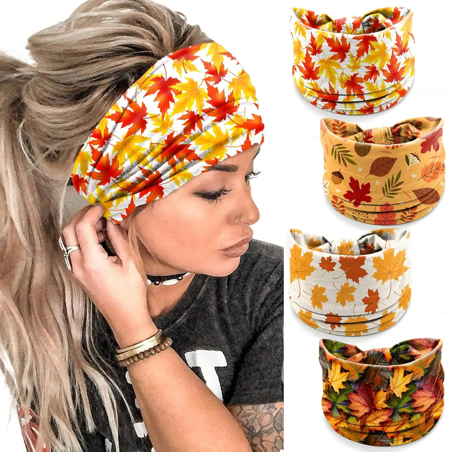 4 count Fall Headbands for Women - Thanksgiving Day Turkey Leaves Holiday Hair Bands, Autumn   Hair Accessories (Maple)