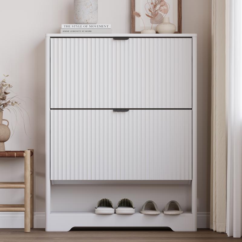 Shoe Cabinet Storage for Entryway with 2 Flip Drawers, Black Fluted Shoe Cabinet with Open Storage, Wooden Hidden Shoe Rack Freestanding Narrow Slim Shoes Organizer for Hallway, Entrance