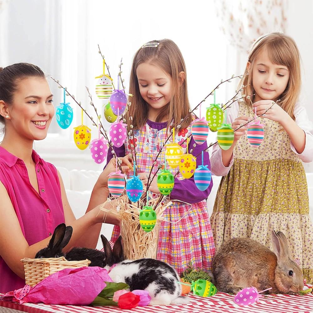 24 Easter Eggs Plastic Hanging Decorations, Colorful Hand-Painted DIY Crafts, Tree Ornament Set, Random Style, Hanging Ball Design