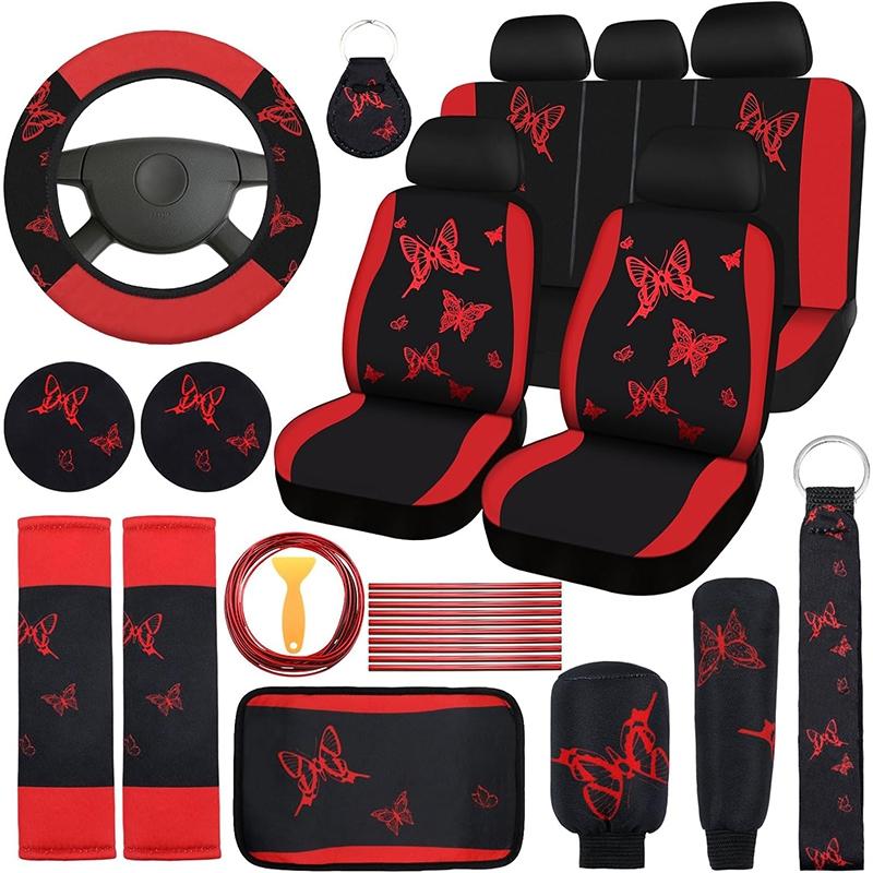 4 Butterfly-Themed Car Seat Cover & Interior Accessory Combo: Lightweight and Breathable Seat Covers for 5-Seater Vehicles, Butterfly-Print Steering Wheel Cover, and Additional Decorative Accents; Compatible with Most Sedan and SUV Models 4 Butterfly-Themed Car Seat Cover & Interior Accessory Combo: Lightweight and Breathable Seat Covers for 5-Seater Vehicles, Butterfly-Print Steering Wheel Cover, and Additional Decorative Accents; Compatible with Most Sedan and SUV Models