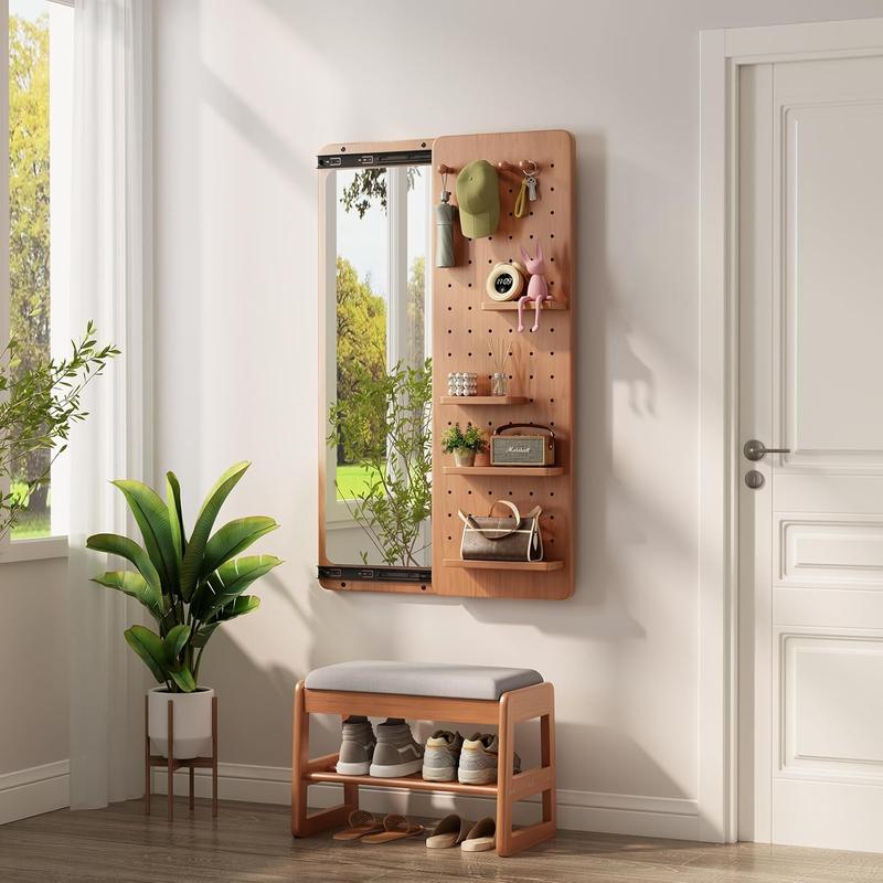 【School】Pegboard Mirror, 100% Solid Wood - No MDF, Mirror with Shelf & Hooks, Rustic Wall-Mounted Mirror with Multifunctional Panel for Bedroom, Living Room, Entryway