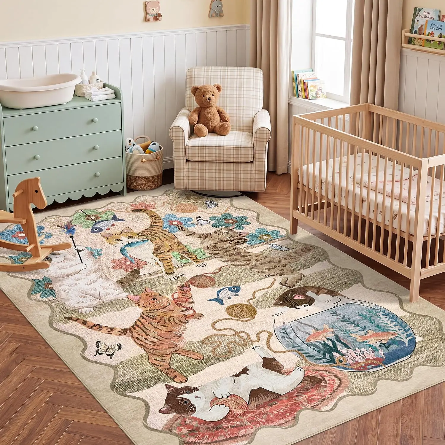 4x6 ft Cat Rug for Entryway, Washable Beige Area Rug, Non-Slip Scalloped Animal Print, Non-Shedding Low Pile for Bedroom Dorm Kids Room