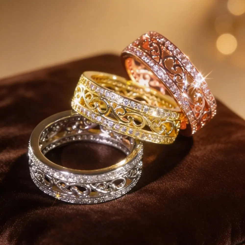 Vintage Filigree Scroll Openwork Ring for Women, Pave Edge Eternity Band Ring, Delicate Statement Fashion Jewelry for Wedding Daily Party Anniversary Gift