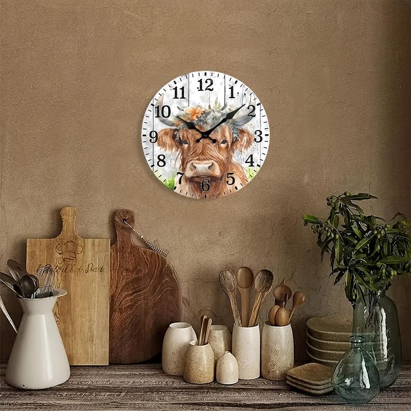 Vintage Flowers Scottish Highland Cow Wall Clock with Floral Pattern - Silent Non-Ticking Wooden Digital Clock, Creative Decorative Clock, for home decor, Rustic Home Gift (AA Batteries Not Included), Large Digital Display