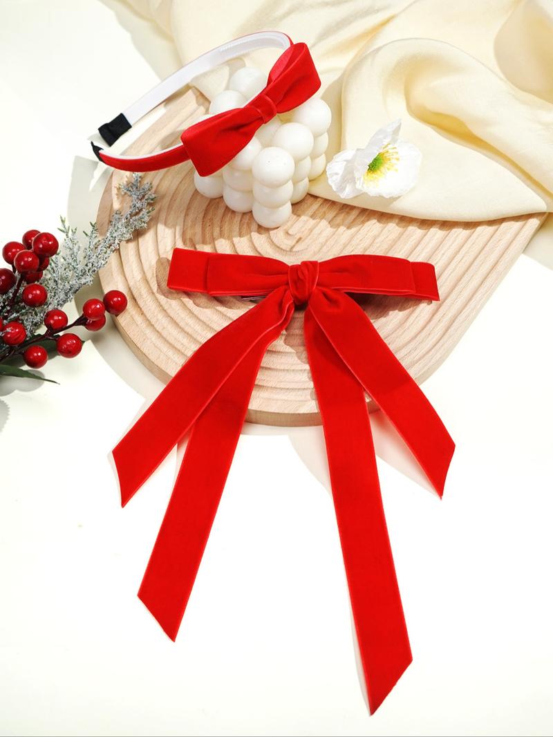2-Piece Red Velvet Christmas Hair Bow Set for Mom & Daughter, Matching Luxury Headband & Alligator Clip,  Holiday Photo Outfit Accessories, Newborn Toddler Girls Women Xmas Gift, Hair Bows Headbands