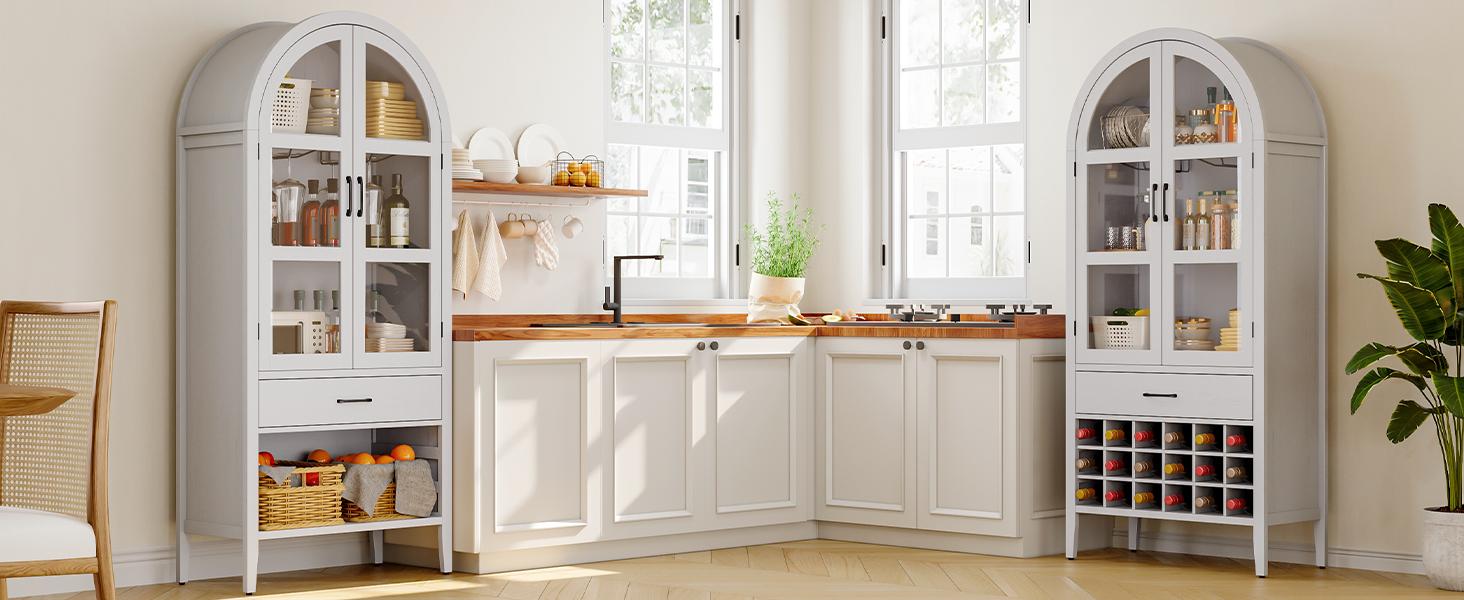 【SPOTLIGHT DAY】ONBRILL 71" Tall Arched Cabinet, 5-Tier Arched Kitchen Pantry with Glass Doors & Drawer, Modern Display Pantry Cabinets with Adjustable Feet, Wooden Pantry for Kitchen, Living Room Furniture, Dining Room Furniture