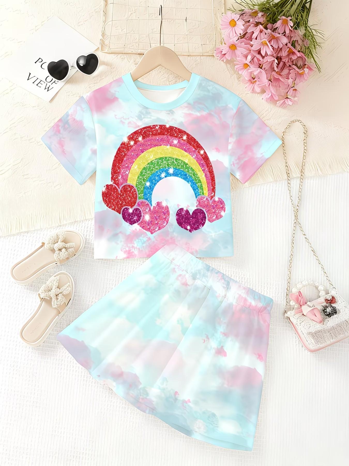 Girls' 3D Heart Rainbow Print Top and Skirt Set, Casual Slim-Fitting Summer, Round Neck Short Sleeve, Daily Wear