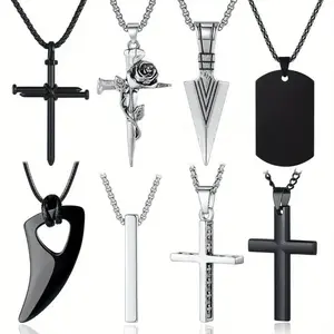 Male 8-Piece Nickel-Free Stainless Steel Necklace Set - Black, Silver Chains, Link Necklaces with Cross Pendants, 16-24 in Adjustable Replaceable Size, Inspirational Jewelry for Everyday Wear, Fashion Accessory