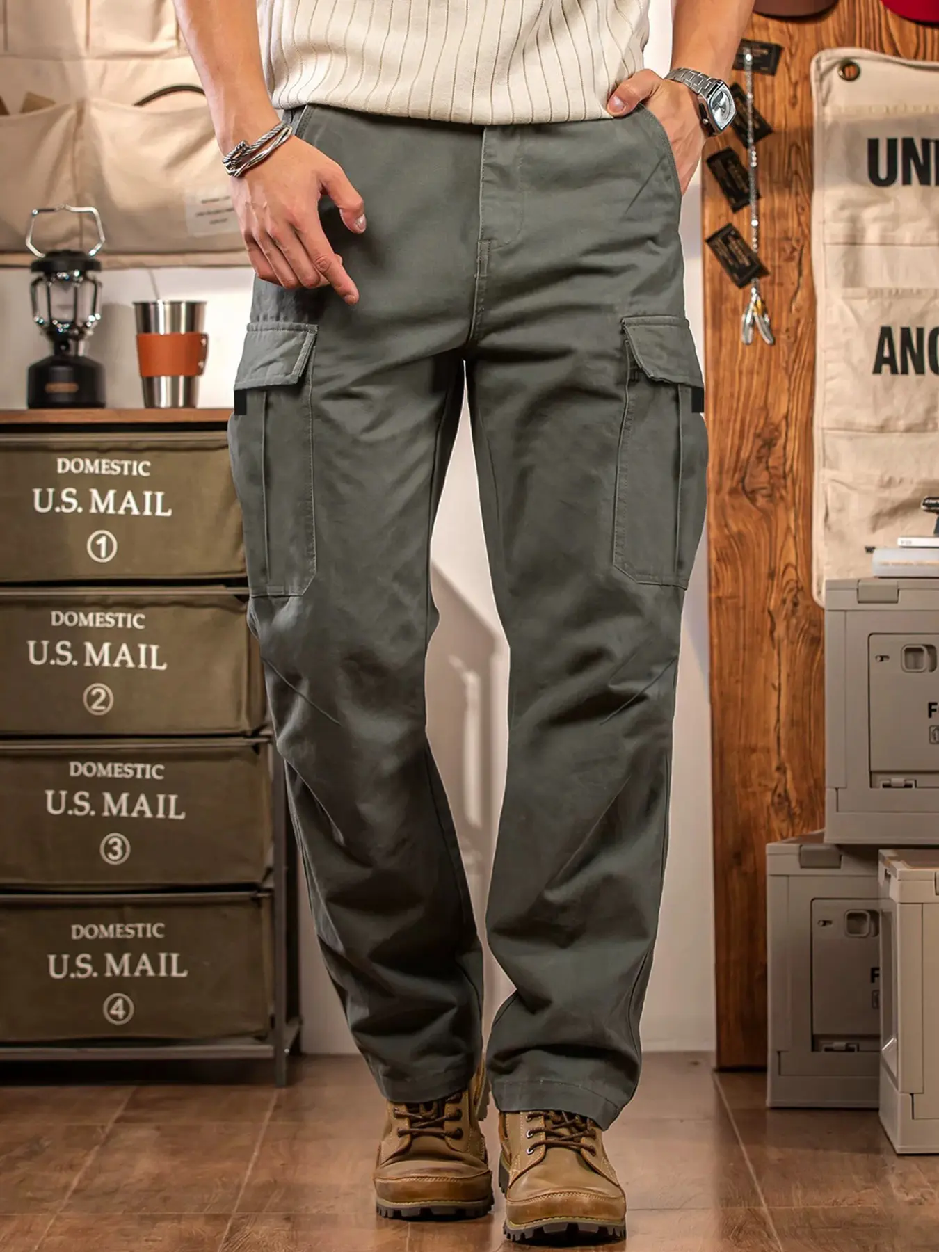 Men's Work Pants Solid Color Straight Leg Long Pants, Multi-Pocket Durable Casual Pants, Spring Fall Versatile Wide Leg Pants