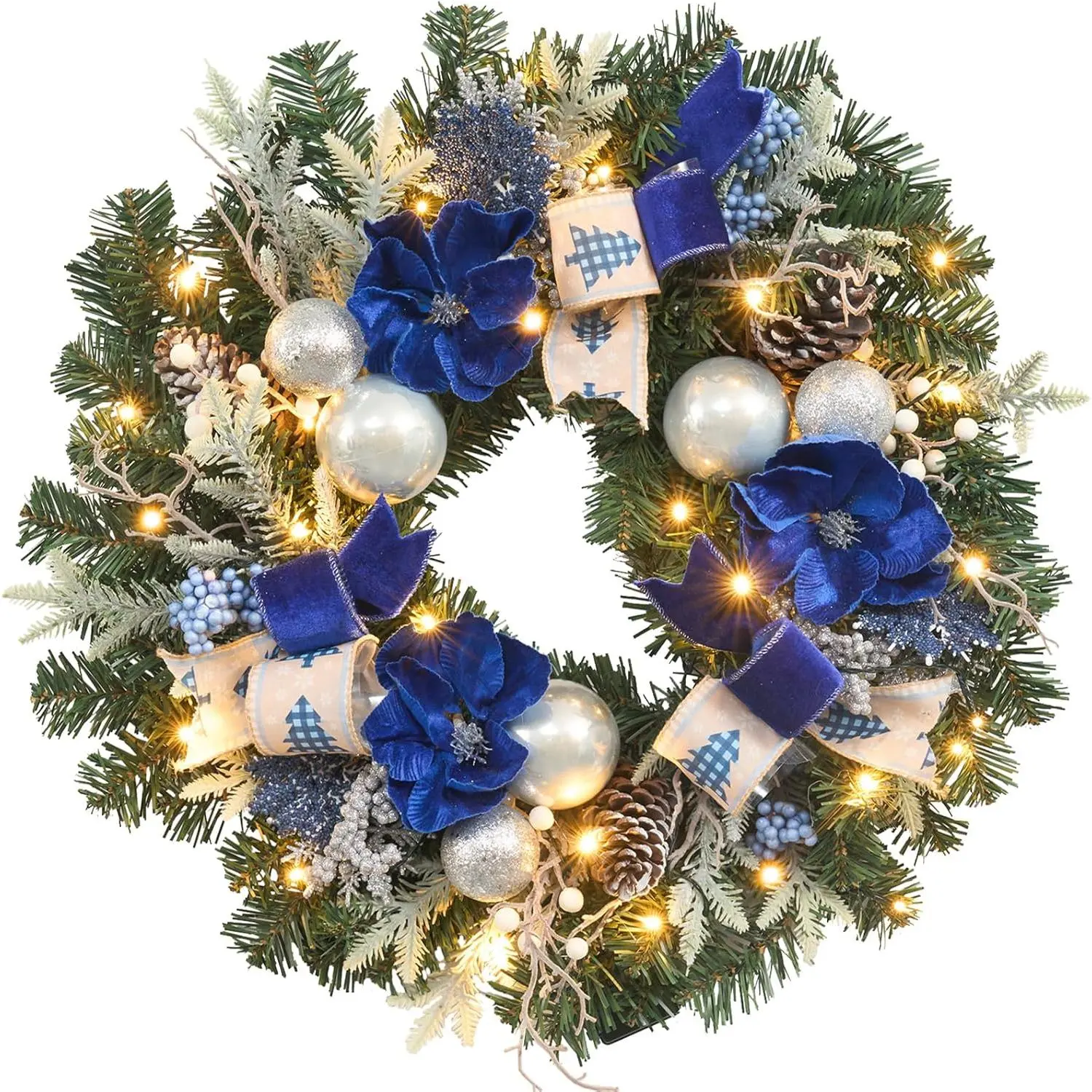22inch Pre-Lit Christmas Wreath for Front Door with Timer 25 Lights, Silver Blue Lighted Wreath for Fireplace Window Table Centerpiece, Indoor Outdoor Holiday Magnolia Winter Decor