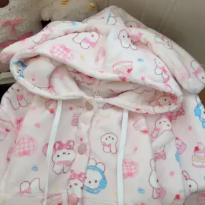 Kawaii Miffy Rabbit Winter Flannel Pajamas for Women New Cartoon Pink Hooded, Fleece and Thickened Warm Home Wear