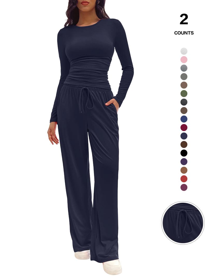 Women's Fitted Two-Piece Lounge Set, Ruched Tee & Drawstring Pocket Pants with Organic Fabric, Casual Daily Wear