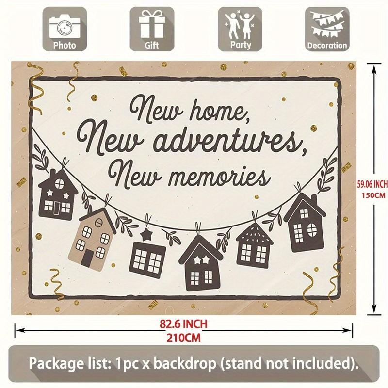 1pc Housewarming Party Banner - "New Home, New Adventures, New Memories" Backdrop Decor with Golden Glitter & Cartoon Houses  Polyester,  Perfect for Holiday Parties, Home Decor & Studio Props, Photo Booth Prop | Ru