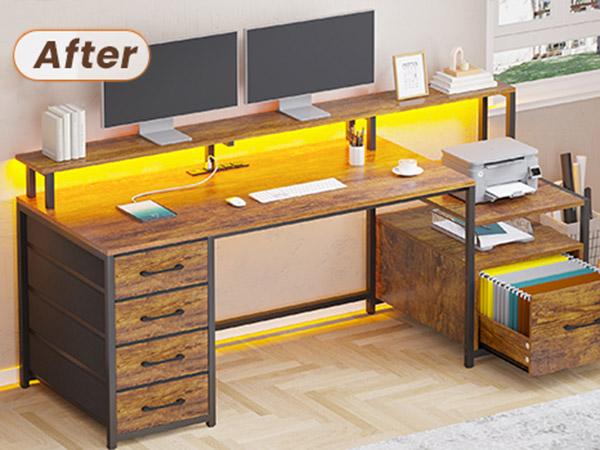 SEDETA 66-inch Home Office Desk with File Drawers and Power Outlets Printer Cabinet with Storage Shelves and Monitor Shelf, Game Table with LED Lights