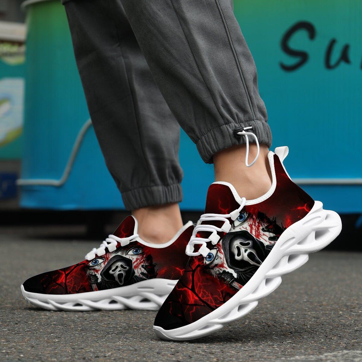 Men Women Halloween Horror Mask Print Sneakers Breathable Mesh Lace Up Blade Type Walking Shoes Lightweight Casual Sports Footwear Outdoor Walking Shoes Holiday Gift