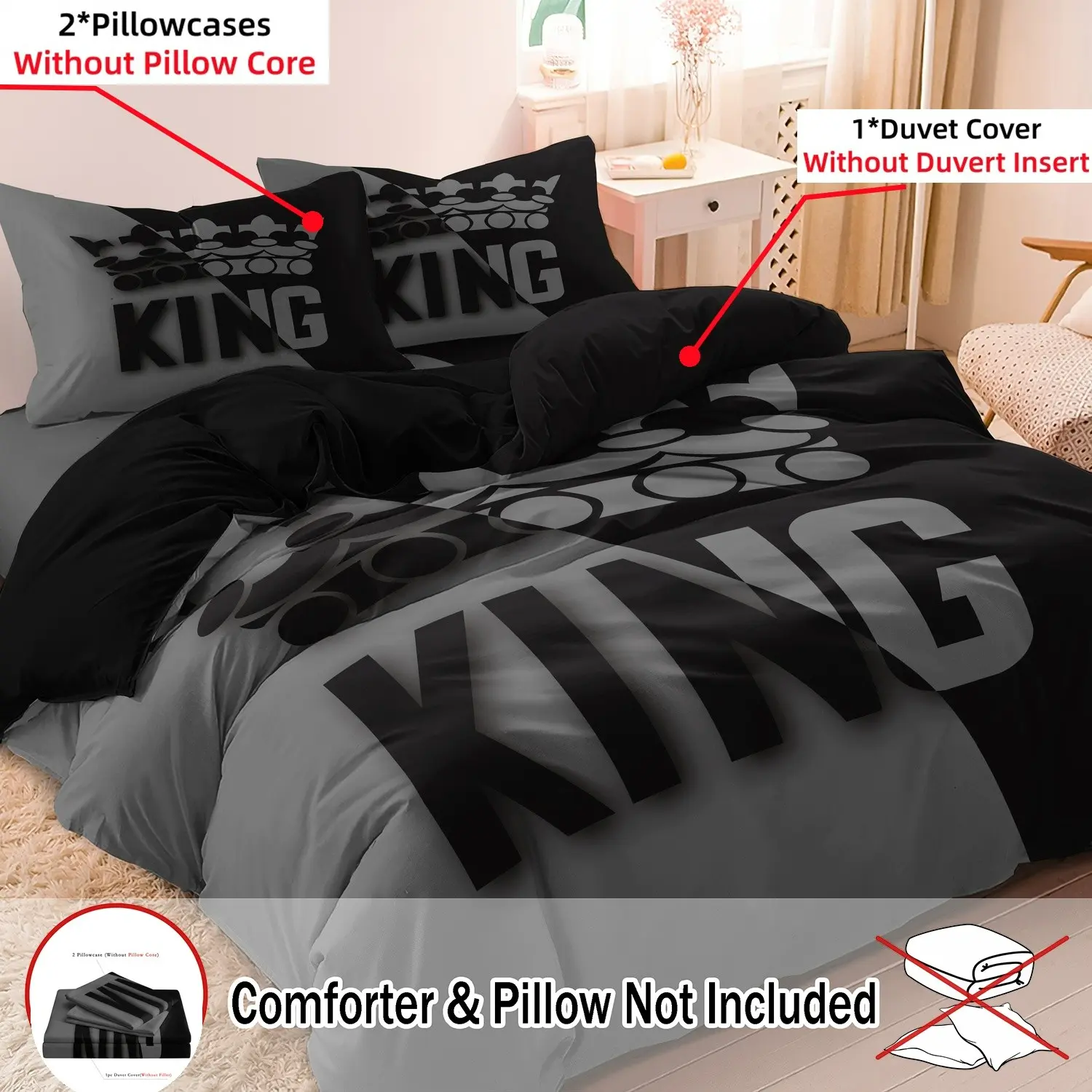 Crown King Print Bedding Set, 3 Counts/set Including 1 Duvet Cover & 2 Pillowcase without Filler, Soft Comfortable Bedding Set for Bedroom, Guest Room, Comfy Bedding Sets, Printed Bedding Set