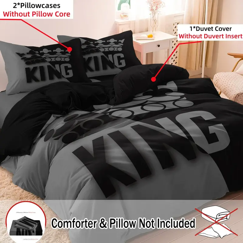 Crown King Print Bedding Set, 3 Counts/set Including 1 Duvet Cover & 2 Pillowcase without Filler, Soft Comfortable Bedding Set for Bedroom, Guest Room, Comfy Bedding Sets, Printed Bedding Set