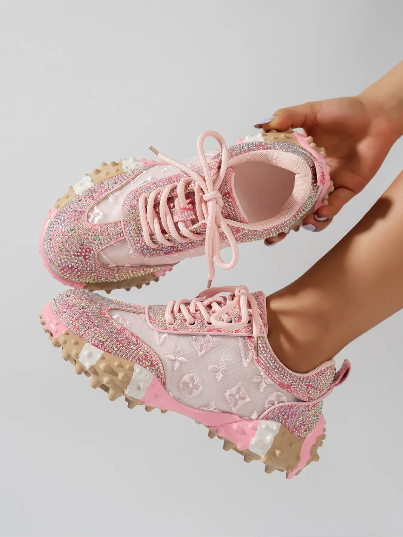 Women's Shoes Vintage Tone Shiny Rhinestone Stitching Breathable Mesh Upper Non Slip Lug Sole Fashion Platform Sneakers For Dating Banquet Occasions