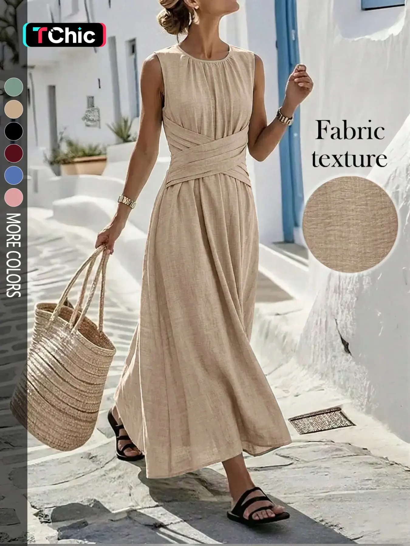 This women's solid color, sweet and elegant sleeveless dress features a pleated, cross-over waist design, perfect for everyday outings, dates, or a romantic country-style brunch.