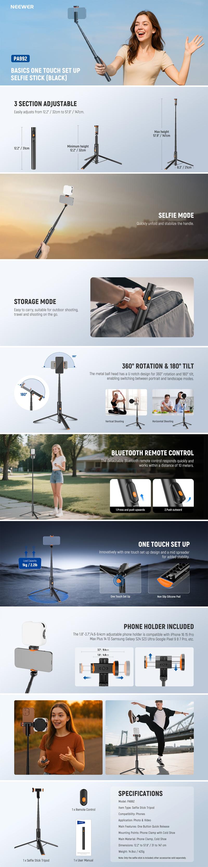 NEEWER BASICS PA992 Selfie Stick Tripod for Smartphone, One Button Quick Release, Built In Remote Control, Cold Shoe Mount, Adjustable Height and Angle, Content Creator Tool for Vlogging, Streaming, Photography