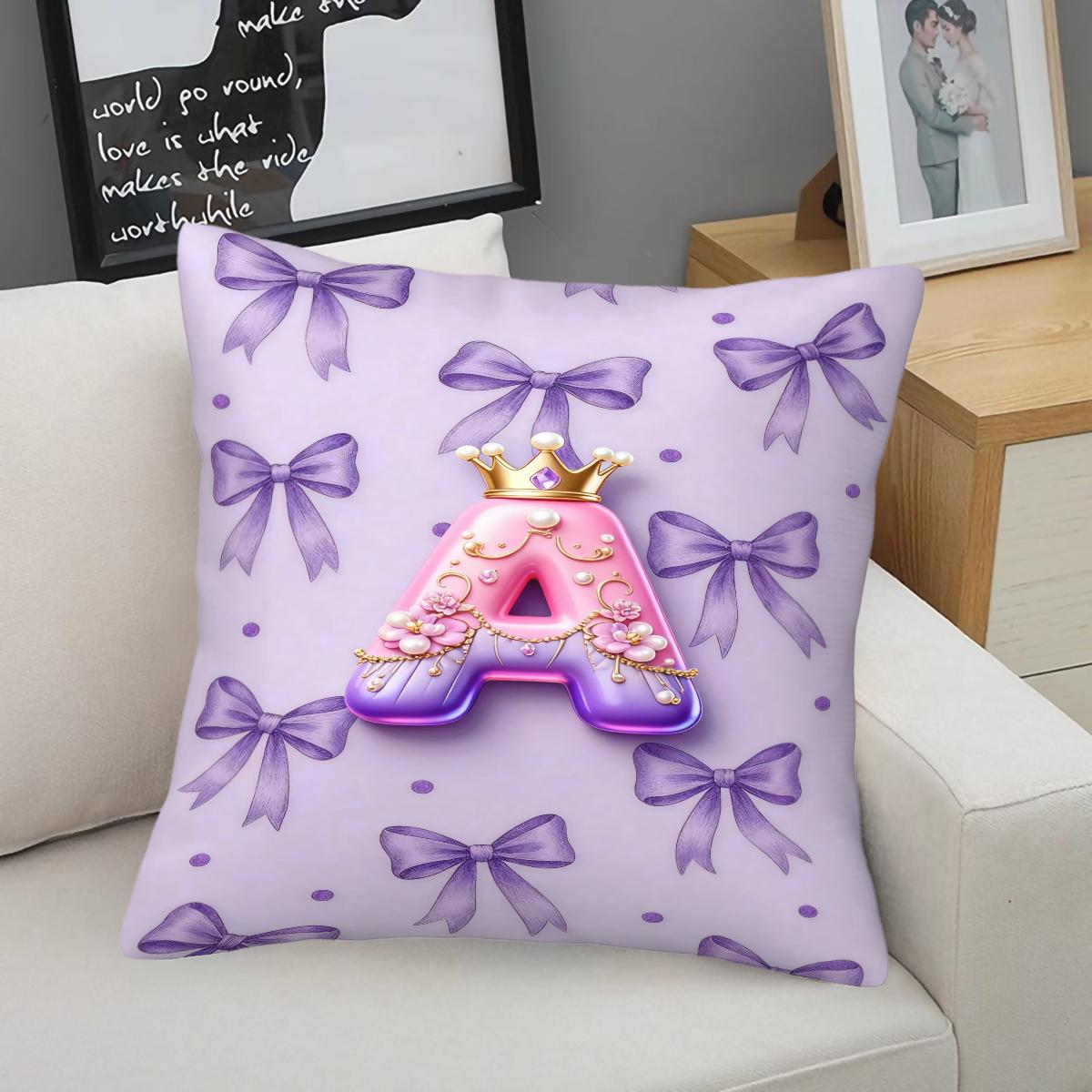 Purple 3D Letter A-Z Crown Throw Pillow 1 Pc with Insert, Soft Comfortable Square Cushion with Zipper Closure for Sofa Chair & Bedroom, Exclusive Customization with Initials Gift, Princess Style Home Decor