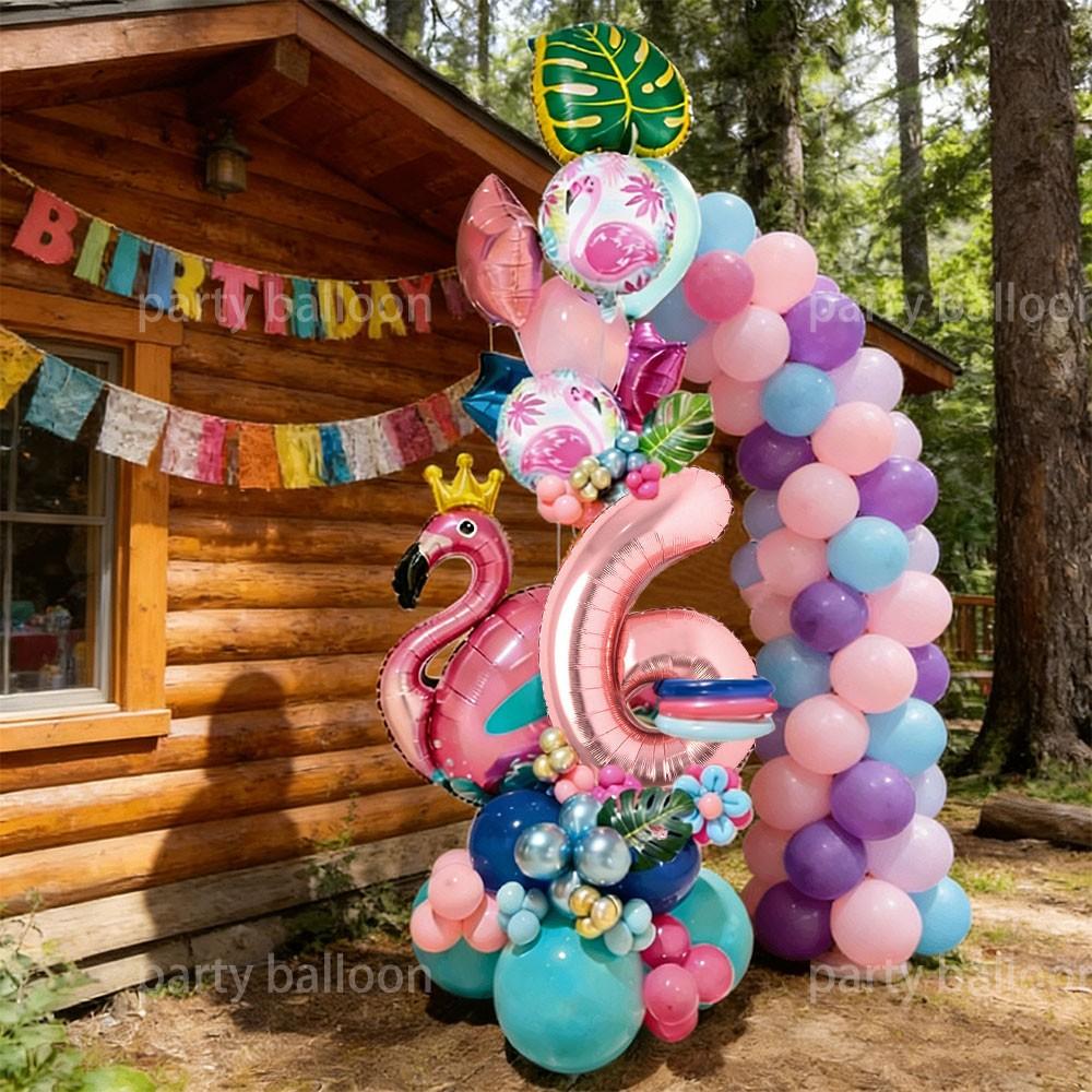 Hawaiian Flamingo Birthday Party Decor Set, Maroon Latex Balloons, Rose Gold Numbers, Outdoor Picnic, Pool Party, Cafe Decoration