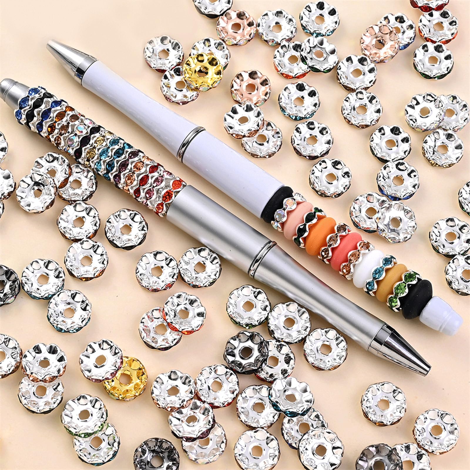 100 Pcs Large Hole Beads Multicolor Rondelle Spacer Beads for Pen Jewelry Making 12 mm Rhinestone Wave Spacer Beads European Beads for Bracelets Jewelry Beadable Pen DIY