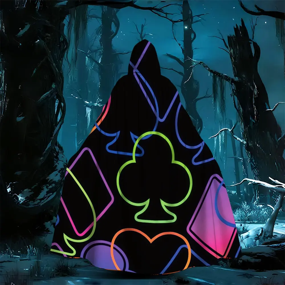 Neon playing card print hooded long cape, unisex Halloween costume cape, suitable for magician cosplay, Halloween parties, trick-or-treating, carnivals, and playing card themed gatherings.