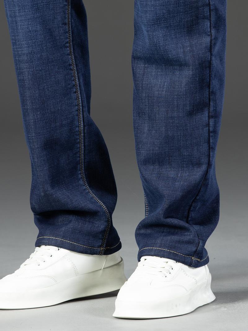 Men's Thickened Winter Fleece Plain Button High Waisted Jeans, Loose Straight Leg High Waist Casual Elastic Pants, Warm Long Denim Trousers for Fall & Winter