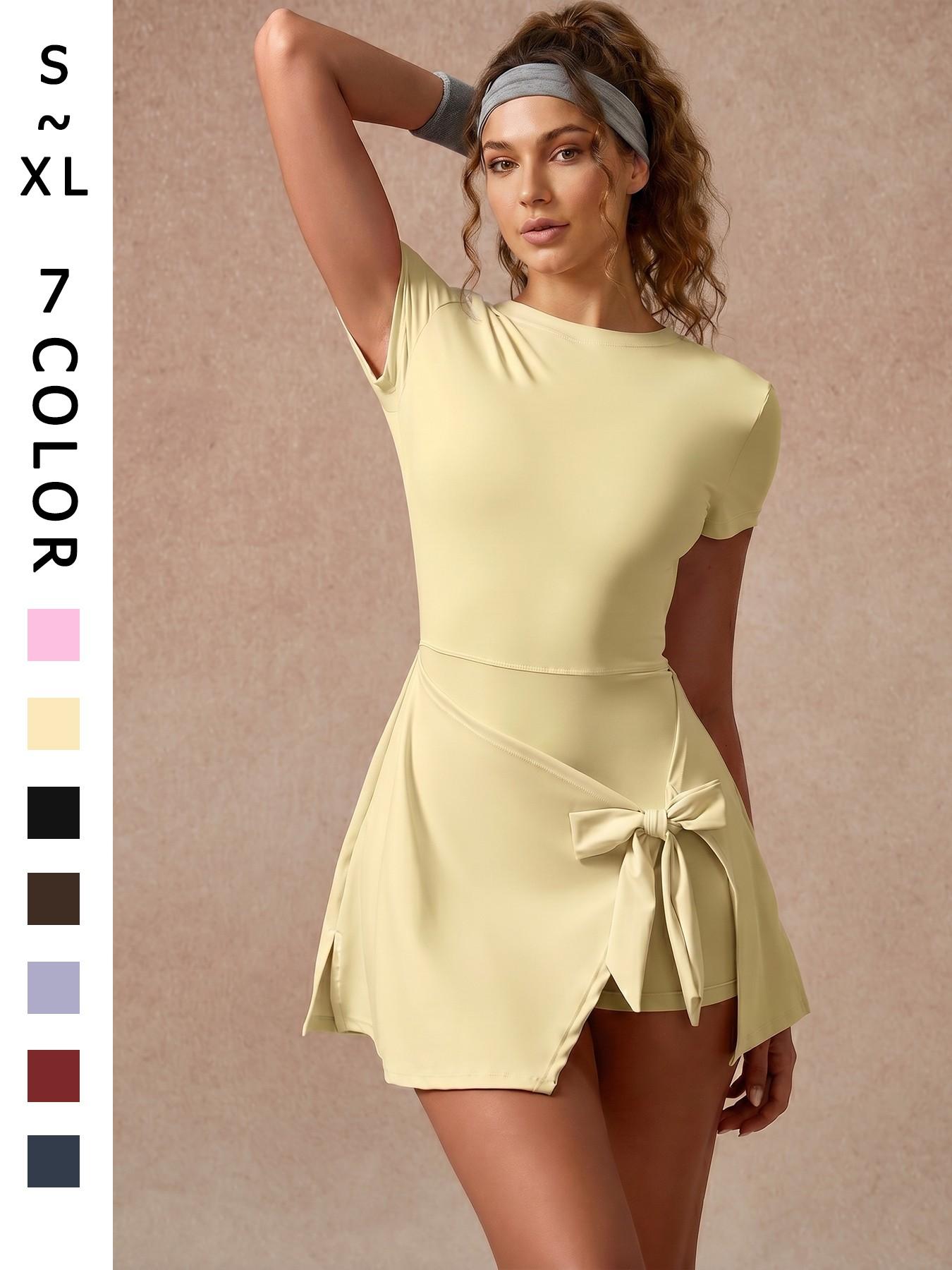 Women's Solid Color Sports Short Sleeve Dress High Stretch Soft Comfortable Slim Fit Backless Design Yoga Dress For Outdoor Running Gym Training Anti-Chafing Sports Tennis Dress Daily Fashion Casual Versatile Women's Golf Sports Skort