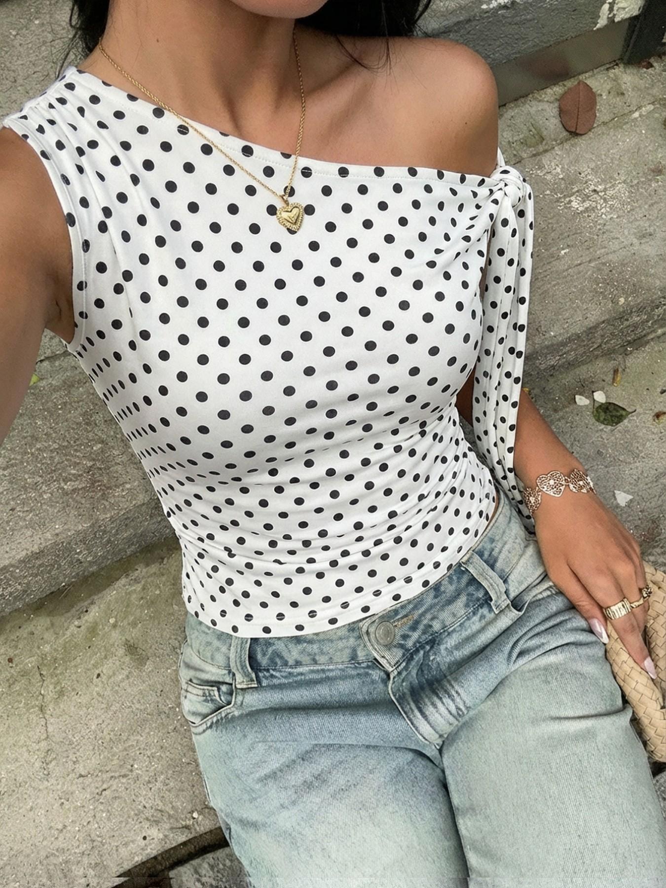 Women's Polka Dot Cross-Shoulder Tie Design Fitted Top, Fashionable Daily Commute Wear, Office, Stylish Ladies' Blouse
