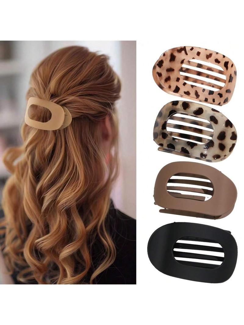 2-4pcs Flat Round Hair Clips, Solid Color + Leopard Print Combo, Women Daily Hairstyle Claws, Non-Slip Duck Mouth Clips, Curved Arc Design, Durable Plastic Hair Accessories, Vintage Minimalist Niche Hair Pins