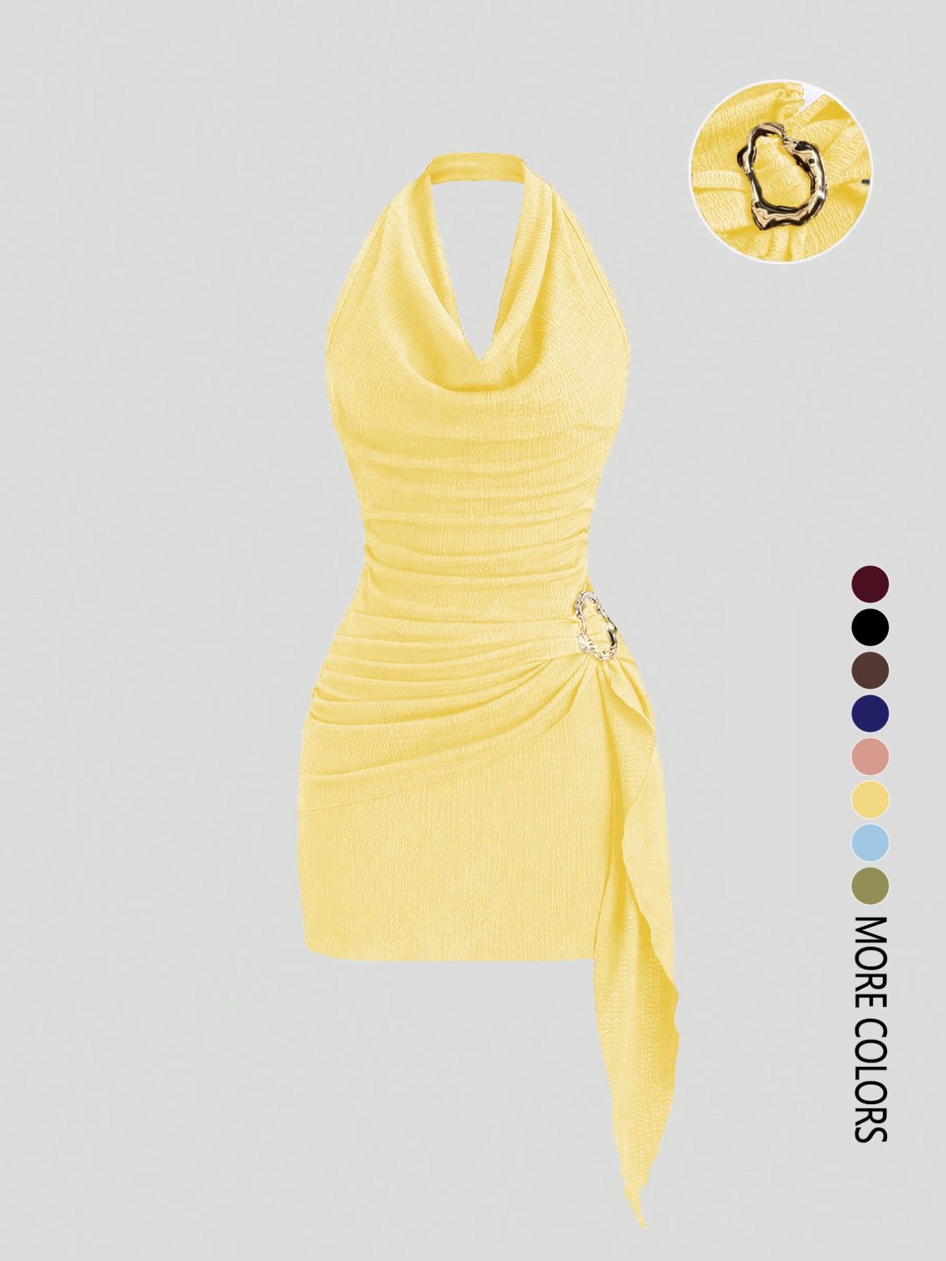 Women's Fashion Solid Color Ruched Halter Dress, Casual Office Wear, Elegant Backless Design, Perfect for Daily Wear, Stylish and Comfortable Dress Women's Fashion Solid Color Ruched Halter Dress, Casual Office Wear, Elegant Backless Design, Perfect for Daily Wear, Stylish and Comfortable Dress