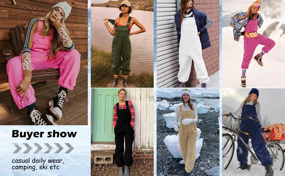 Goranbon Women's Fleece Warm Overalls Winter Loose Casual Jumpsuits with Pockets