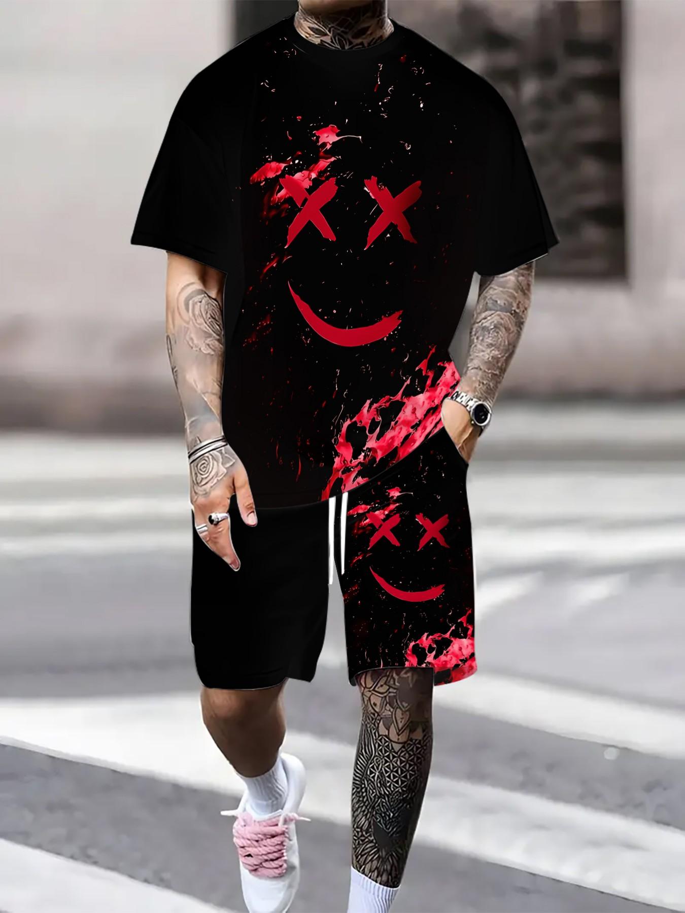 Men's Summer Gaming Set, Fitted Set, Short Sleeve Tee and Shorts, Knee-Length, Casual Slim-Fit, Print Pattern, All-Season Fashion, Menswear