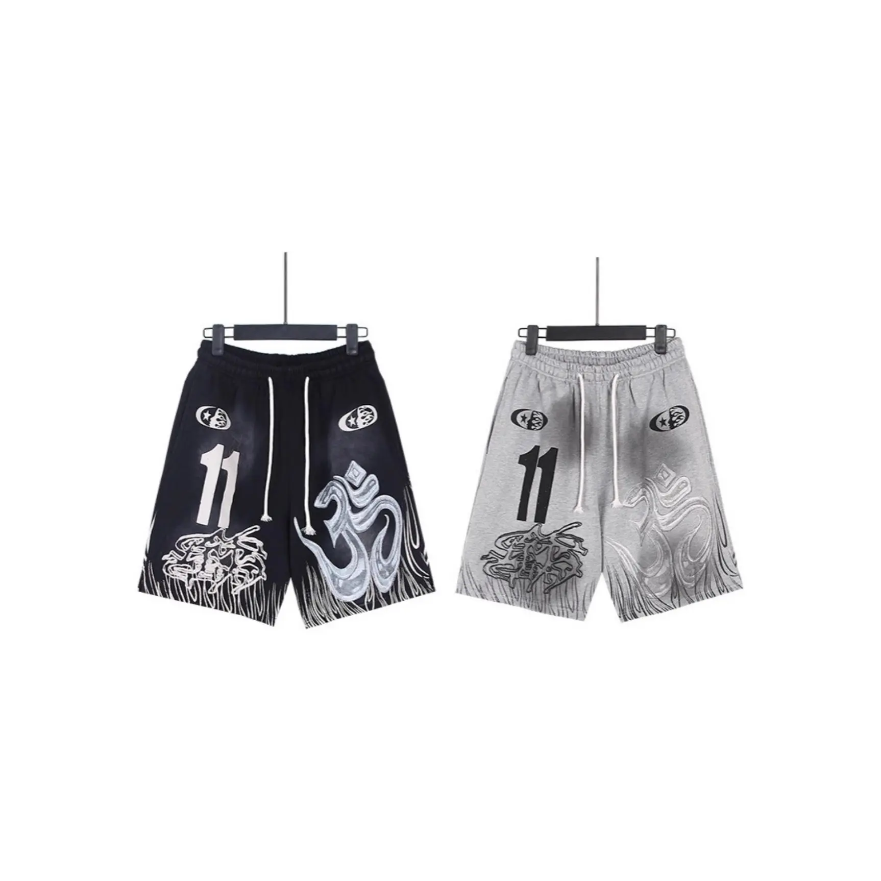 HELLSTAR 11 Om Flame Graphic Sweat Shorts Black Grey 100% Heavyweight Cotton Retro Graphic Menswear Fall Outfit Relaxed Fit Drawstring Alternative Streetwear Y2K Vintage Wash Casual Bottoms