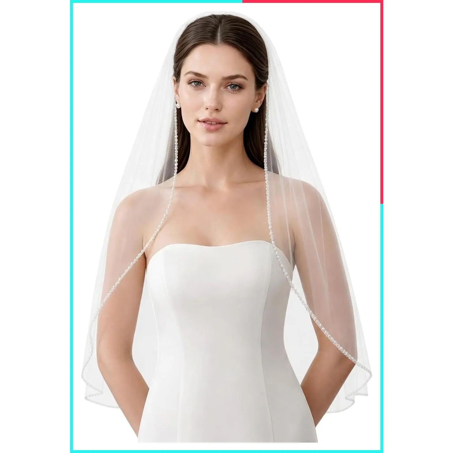 1 Tier Fingertip Length Wedding Veil with Pearls and Crystals Beaded Edge, Soft Tulle Bridal Veil, Cathedral Length Available, Elegant Wedding Accessory