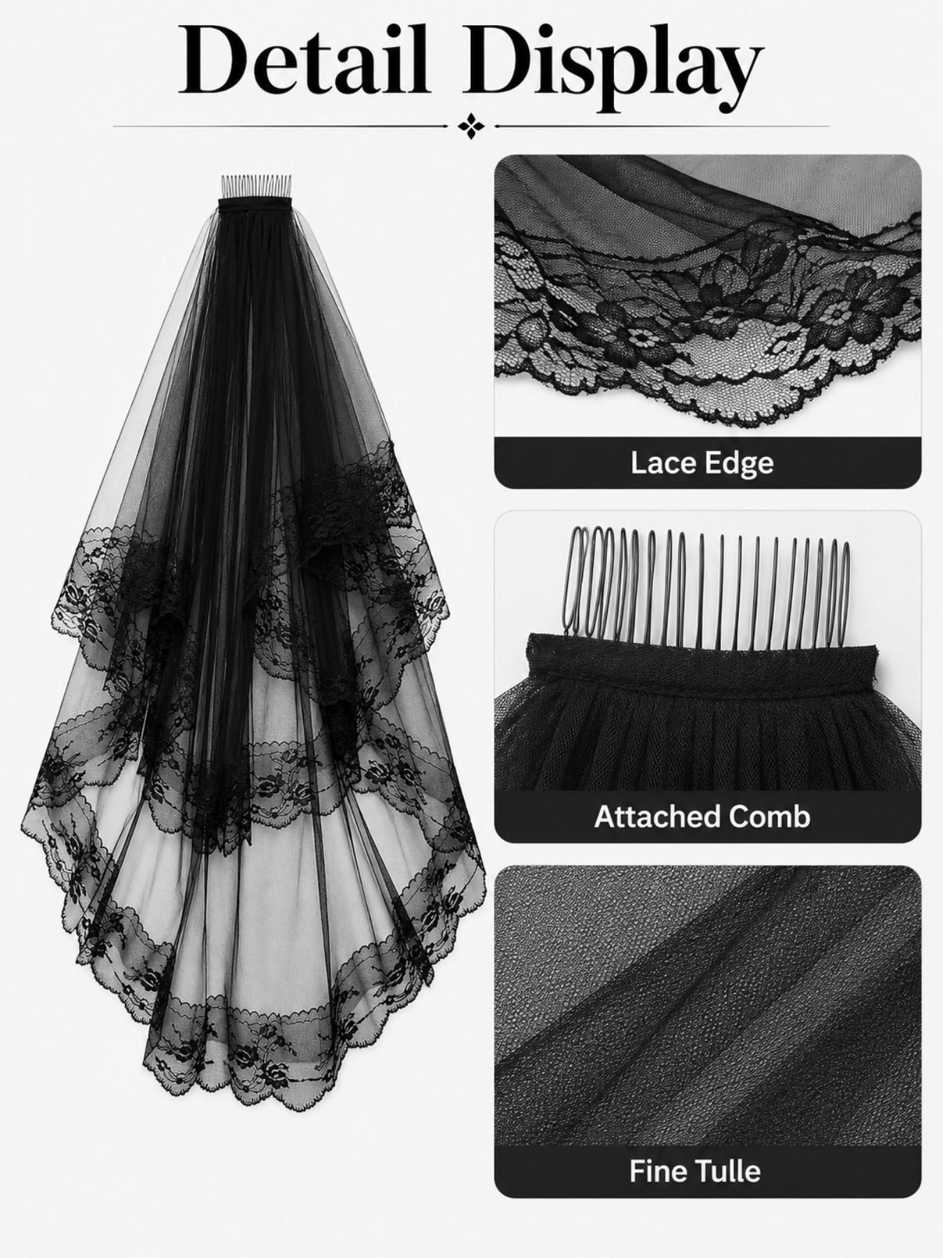 Gothic 2-Layer Tulle Wedding Veils with Floral Lace Edge & Comb, Classic Black Bridal Headwear, Perfect for Halloween Party, Cosplay Outfit, Dark Wedding and Spooky Themed Events