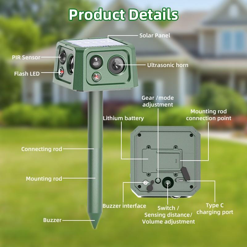 Four-sided Inductive Ultrasonic Rodent Repellent Device, Solar Bird Repellent Device, Cat Repellent Device, Bottom Vibrating Rod Animal Repeller. Suitable for gardens, farms and orchards.