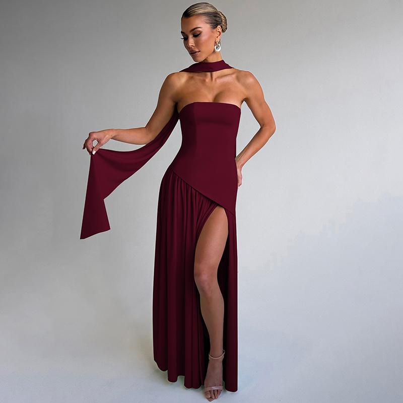 Women's Plain Split Thigh Tube Dress with Scarf, Elegant Strapless Dress for Party Club Beach Vacation, Ladies Clothes for All Seasons