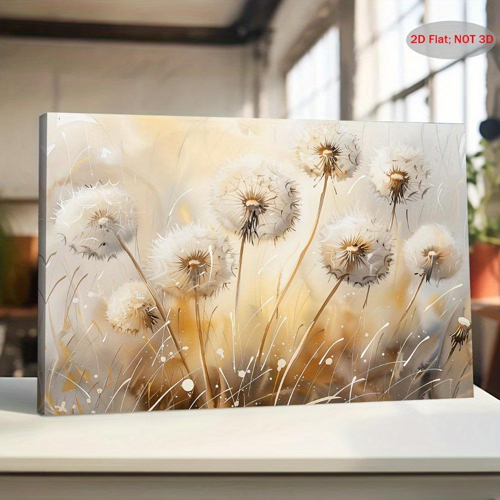 JIT 1PC ,Vintage-Inspired Dandelion Flowers Canvas Wall Art - Soft Beige  Golden Tones, Large  Framed Floral Painting, Ready to Hang for Bedroom, Living Room, Kitchen, Bathroom Decor - Perfect Holiday  Family Gift, Living Room Art