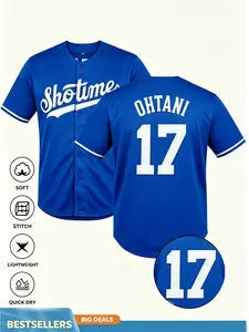 Men's Ohtani Baseball Jersey,NO 17 Sporty Short Sleeve, Button Front Design, Loose-Fitting, Quick-Dry, Spring & Fall, High-Quality Experience