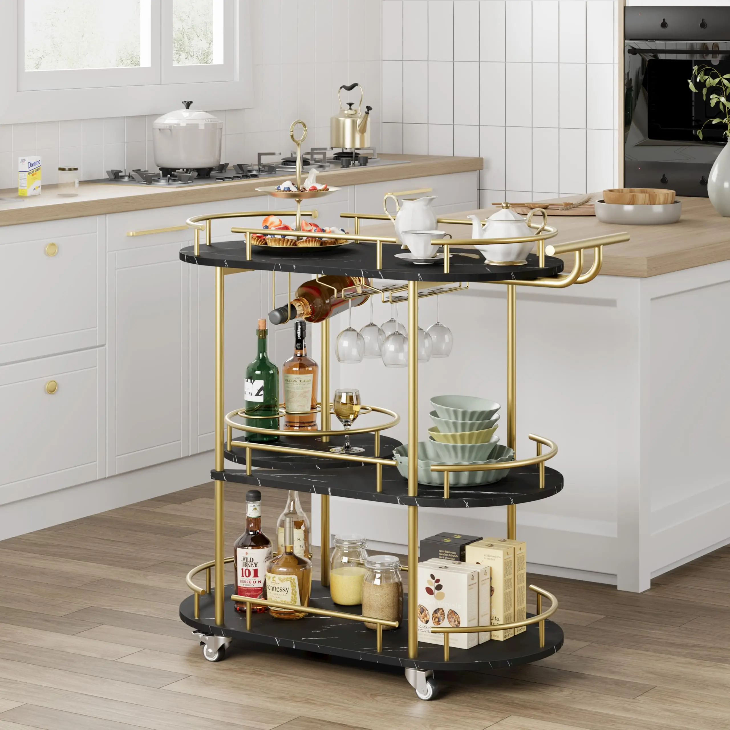 Gold Paint + Black Marble Metal Frame MDF Rolling Bar Cart - 3-Tier Space-Saving Serving Cart with Waterproof Finish, 4-Shelf Design, Wine Rack, Glass Holders, Handle, Rolling Wheels for Kitchen, Dining Room