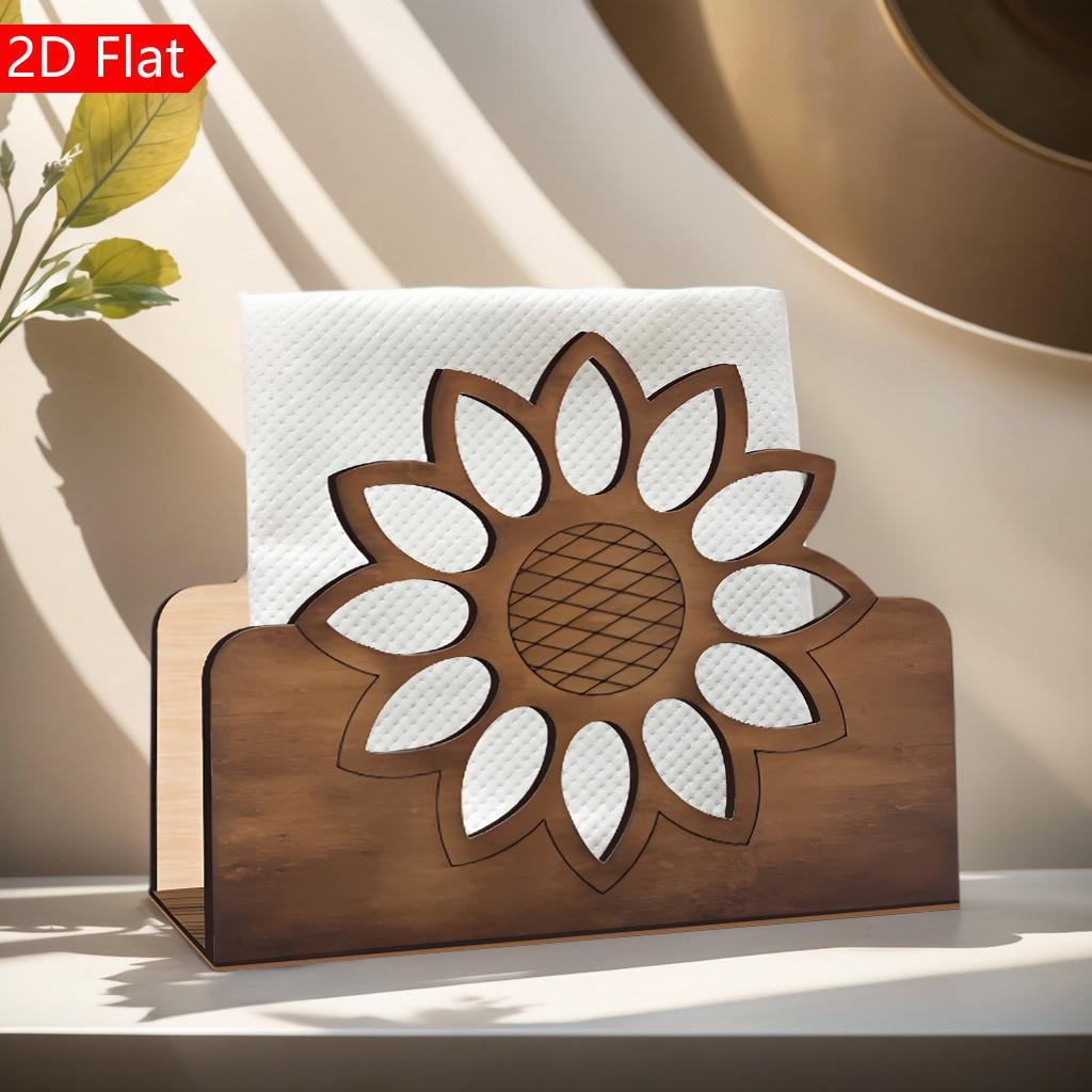 Handcrafted Wooden Napkin Holder with Sunflower Design- Bohemian Style Desktop Decorative Paper Towel Dispenser, Suitable for Restaurant, Kitchen or Living Room, Kitchen Decoration, Dining Table Napkin Stand, Kitchen Accessories, Rustic Sty