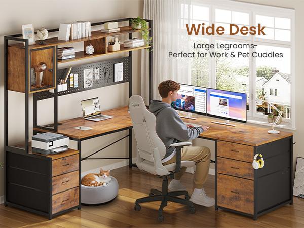 SEDETA L Shaped Gaming Desk with Drawers, Reversible Computer Corner Desk with File Drawer, Hutch, Storage Shelves for Home Office, Gaming Two Person Desk with Led Lights, Power Outlet