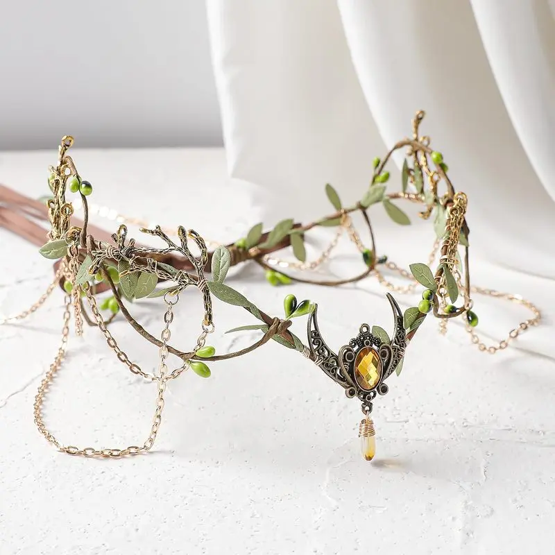 Women's Medieval Female Elf Headdress - Golden Forest Fairy Crown with Tassels, Floral Renaissance Accessory, Suitable for Viking Costumes, Cosplay Events