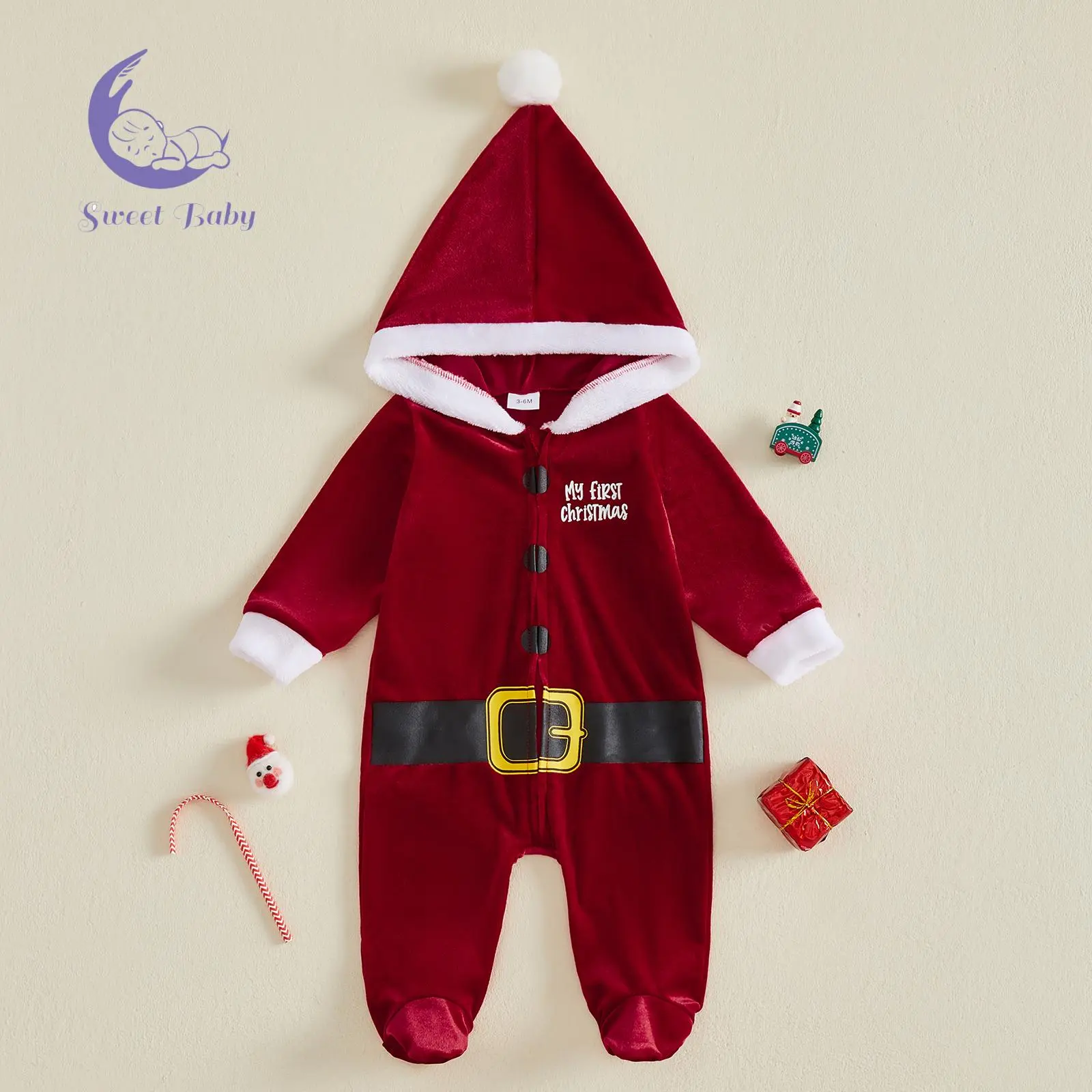Infant Baby Christmas Footed Romper Long Sleeve Hooded Newborn Santa Costume