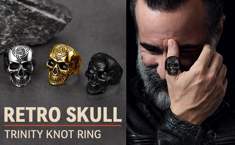 FaithHeart Triquetra Knot Skull Band Rings Punk Style Stainless Steel
