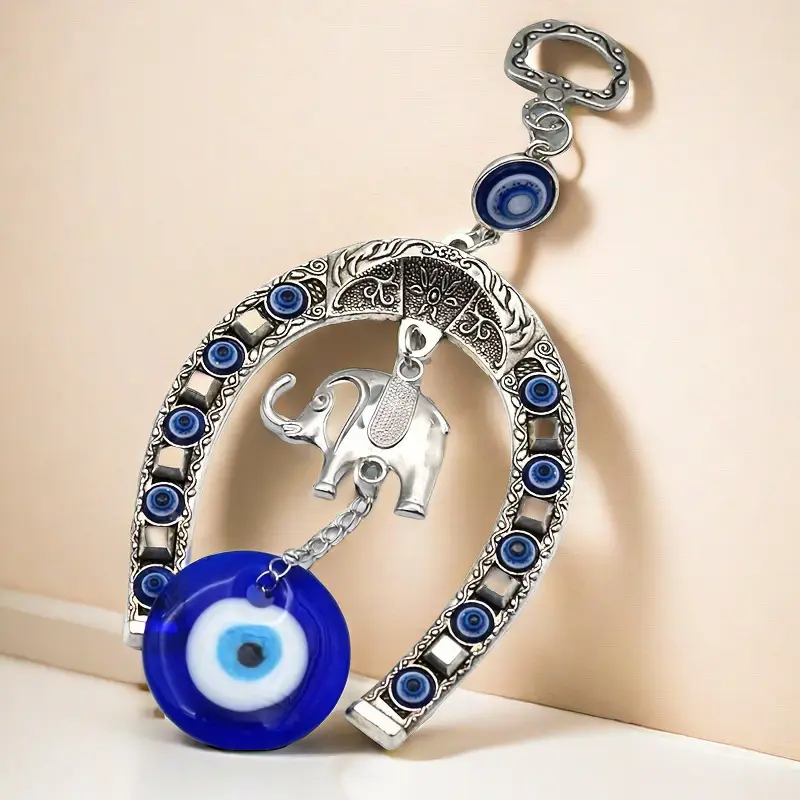 Evil Eye Horseshoe Hanging Decor, Silver Lucky Elephant Protection Ornament with Blue Glass Nazar, Wall Hanging Charms for Home Living Room Office, Aesthetic Car Rearview Mirror Accessories