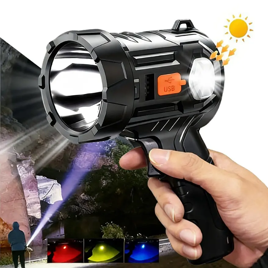 USB Rechargeable Spotlight Flashlight with Solar Panels, 1 Count Outdoor Handheld Spot Light with 3 Colors Lenses, Camping Lighting for Boating Hunting and Camping, Portable Spotlight